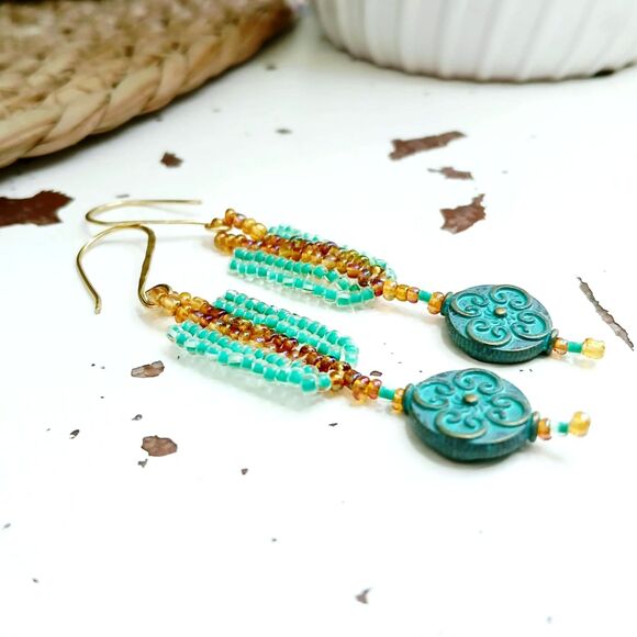 Boho Chic Seed Bead Dangle Earrings, Hammered Earrings, Statement Jewelry 3.25" - Picture 5 of 9